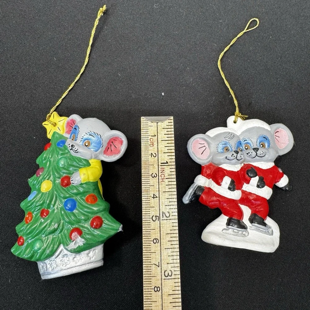 Lot of‎ 2 Ceramic Hand Painted Mouse Christmas Ornaments